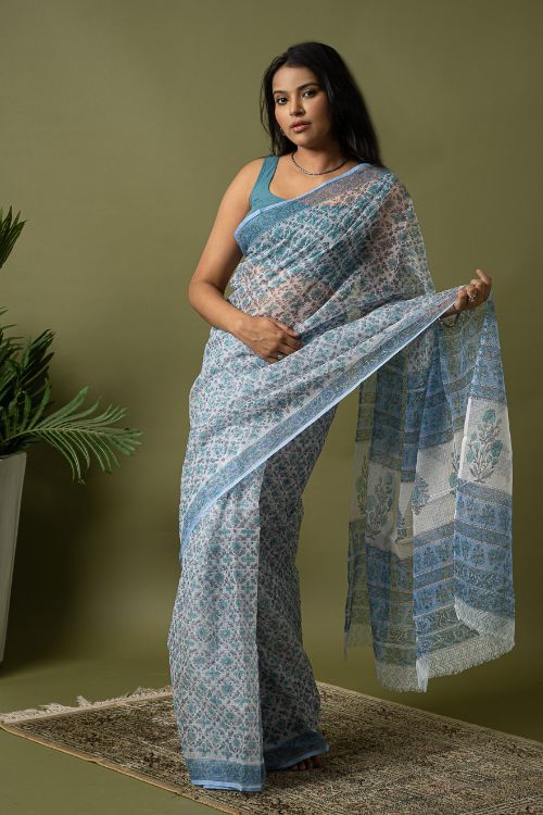 ICH Light & Breezy. Sanganeri Hand Block Printed Kota Doria - Ice Blue Flora