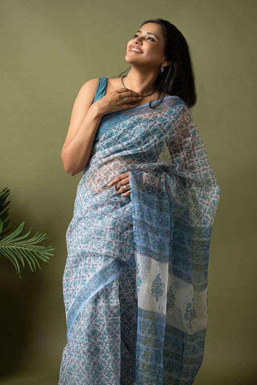 ICH Light & Breezy. Sanganeri Hand Block Printed Kota Doria - Ice Blue Flora