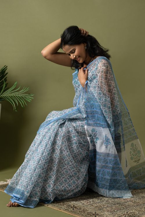 ICH Light & Breezy. Sanganeri Hand Block Printed Kota Doria - Ice Blue Flora