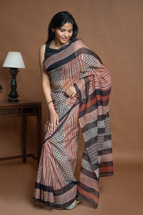 ICH Light & Breezy Bagru Hand Block Printed Kota Doria Saree - Striped Elegance
