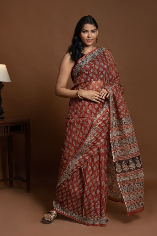 ICH Light & Breezy Bagru Hand Block Printed Kota Doria Saree - Red Flora