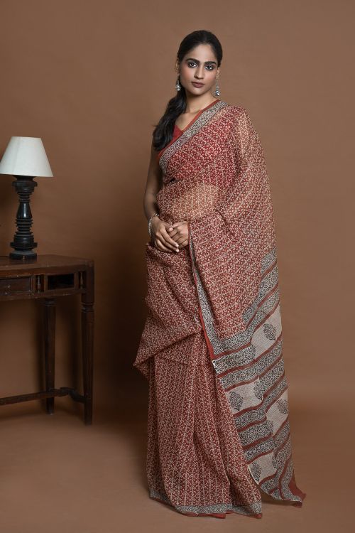 ICH Light & Breezy Bagru Hand Block Printed Kota Doria Saree - Red Jaal