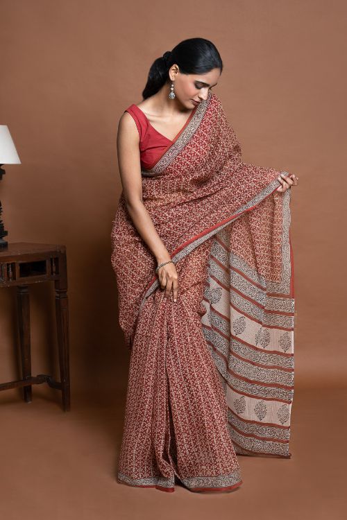 ICH Light & Breezy Bagru Hand Block Printed Kota Doria Saree - Red Jaal