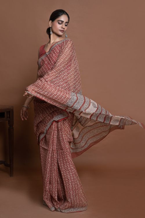 ICH Light & Breezy Bagru Hand Block Printed Kota Doria Saree - Red Jaal