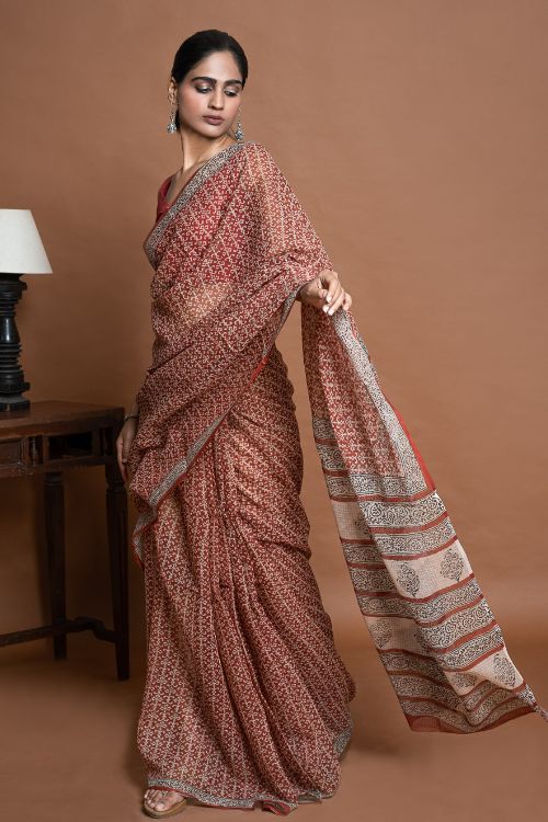 ICH Light & Breezy Bagru Hand Block Printed Kota Doria Saree - Red Jaal