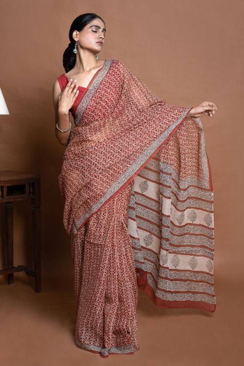 ICH Light & Breezy Bagru Hand Block Printed Kota Doria Saree - Red Jaal