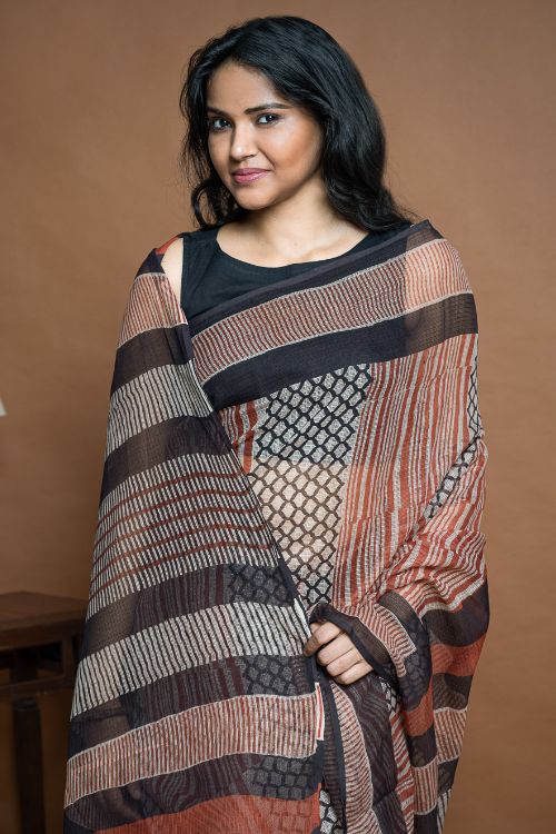 ICH Light & Breezy Bagru Hand Block Printed Kota Doria Saree - Striped Elegance