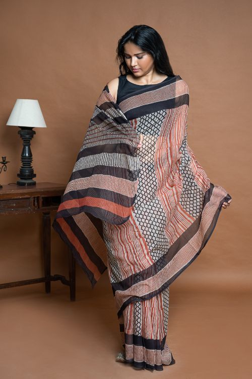 ICH Light & Breezy Bagru Hand Block Printed Kota Doria Saree - Striped Elegance
