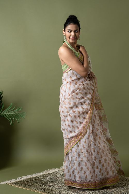 ICH Light & Breezy. Sanganeri Hand Block Printed Kota Doria - White Summer