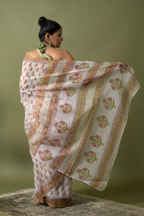 ICH Light & Breezy. Sanganeri Hand Block Printed Kota Doria - White Summer