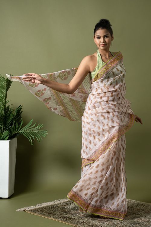 ICH Light & Breezy. Sanganeri Hand Block Printed Kota Doria - White Summer