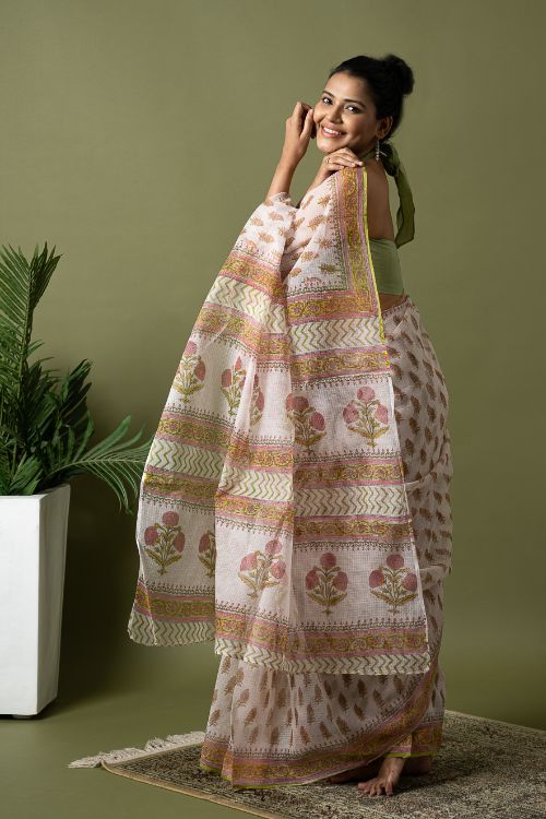 ICH Light & Breezy. Sanganeri Hand Block Printed Kota Doria - White Summer