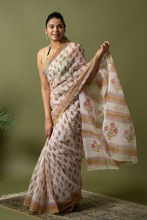 ICH Light & Breezy. Sanganeri Hand Block Printed Kota Doria - White Summer