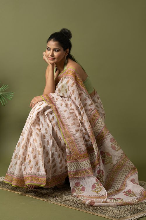 ICH Light & Breezy. Sanganeri Hand Block Printed Kota Doria - White Summer