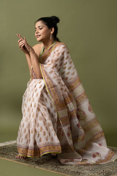 ICH Light & Breezy. Sanganeri Hand Block Printed Kota Doria - White Summer
