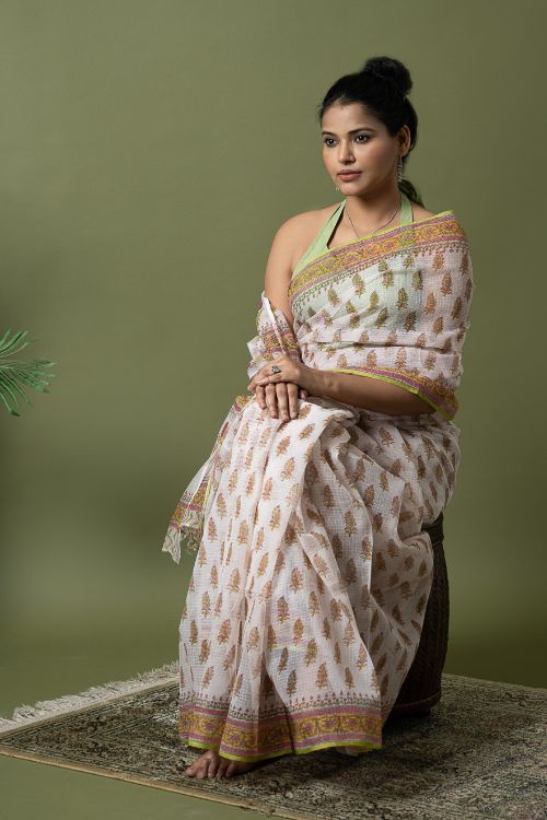 ICH Light & Breezy. Sanganeri Hand Block Printed Kota Doria - White Summer
