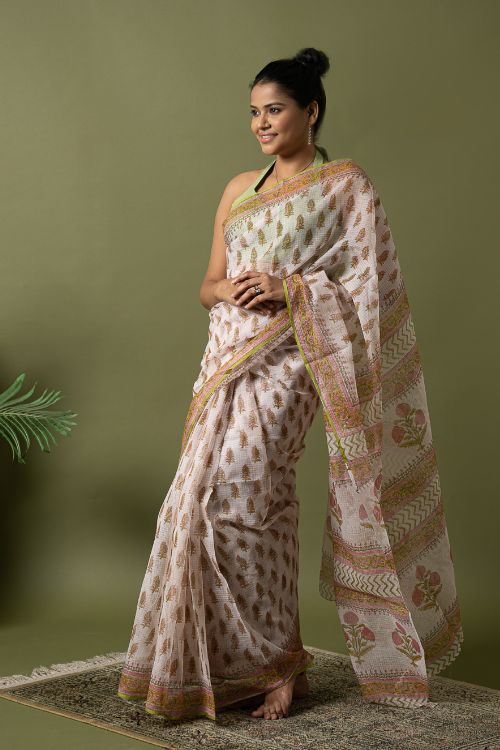 ICH Light & Breezy. Sanganeri Hand Block Printed Kota Doria - White Summer