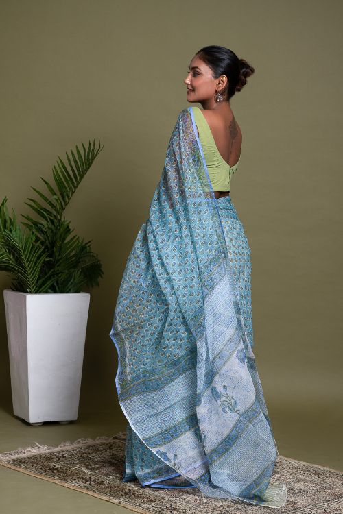 ICH Light & Breezy. Sanganeri Hand Block Printed Kota Doria - Soft Blue Flora