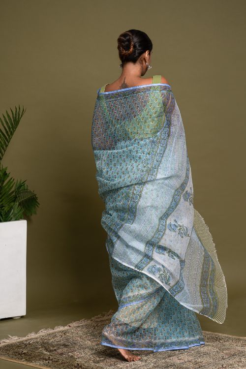 ICH Light & Breezy. Sanganeri Hand Block Printed Kota Doria - Soft Blue Flora