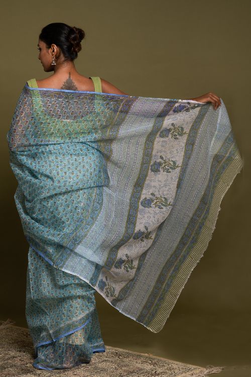 ICH Light & Breezy. Sanganeri Hand Block Printed Kota Doria - Soft Blue Flora