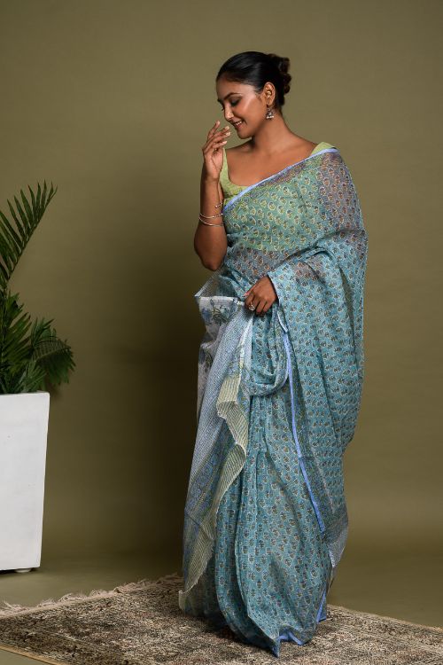 ICH Light & Breezy. Sanganeri Hand Block Printed Kota Doria - Soft Blue Flora