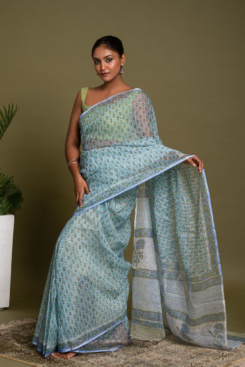 ICH Light & Breezy. Sanganeri Hand Block Printed Kota Doria - Soft Blue Flora