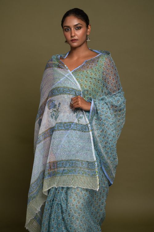 ICH Light & Breezy. Sanganeri Hand Block Printed Kota Doria - Soft Blue Flora