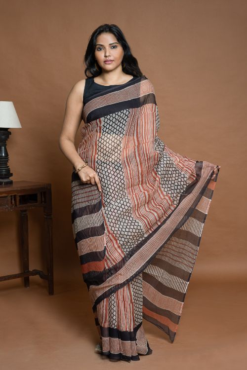 ICH Light & Breezy Bagru Hand Block Printed Kota Doria Saree - Striped Elegance