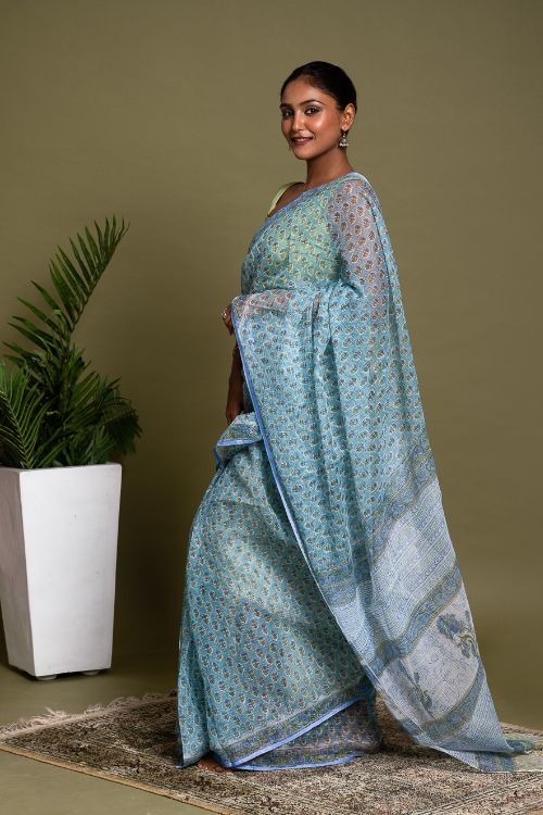 ICH Light & Breezy. Sanganeri Hand Block Printed Kota Doria - Soft Blue Flora