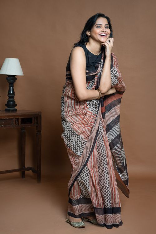 ICH Light & Breezy Bagru Hand Block Printed Kota Doria Saree - Striped Elegance