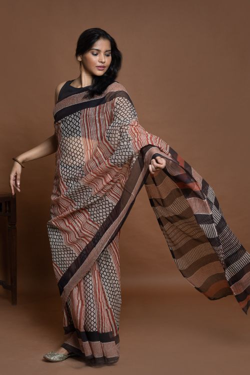 ICH Light & Breezy Bagru Hand Block Printed Kota Doria Saree - Striped Elegance