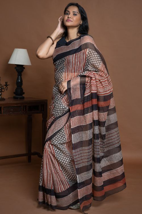 ICH Light & Breezy Bagru Hand Block Printed Kota Doria Saree - Striped Elegance