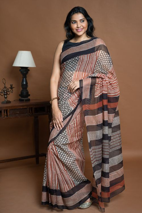 ICH Light & Breezy Bagru Hand Block Printed Kota Doria Saree - Striped Elegance