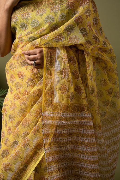 ICH Light & Breezy. Sanganeri Hand Block Printed Kota Doria - Yellow Flora