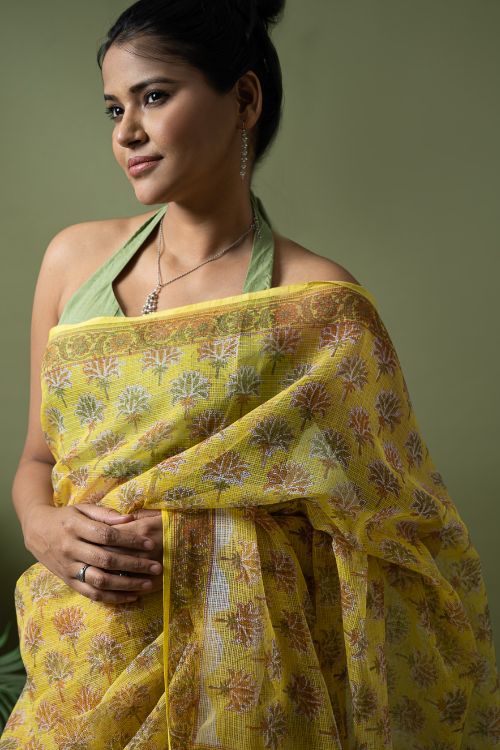 ICH Light & Breezy. Sanganeri Hand Block Printed Kota Doria - Yellow Flora