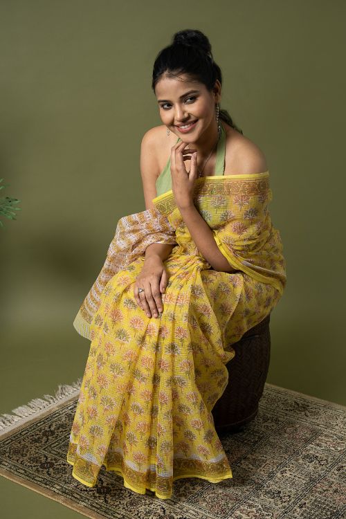 ICH Light & Breezy. Sanganeri Hand Block Printed Kota Doria - Yellow Flora