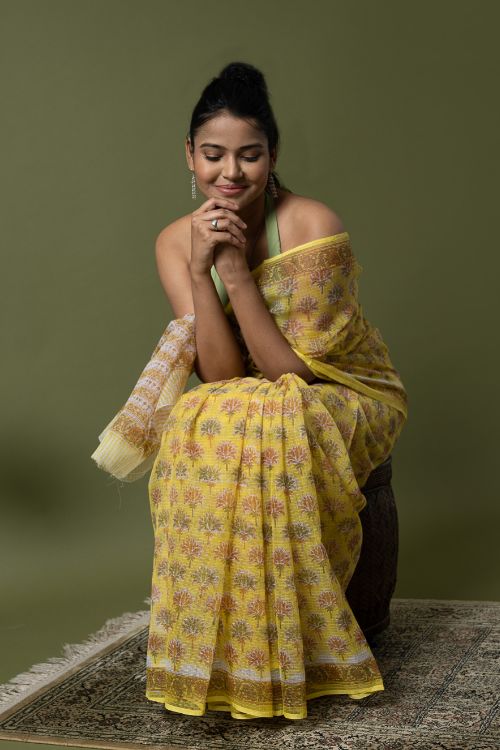 ICH Light & Breezy. Sanganeri Hand Block Printed Kota Doria - Yellow Flora