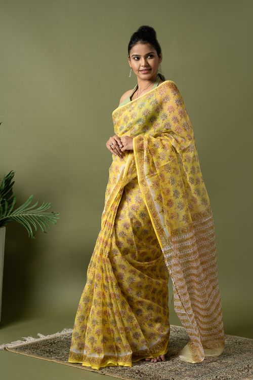 ICH Light & Breezy. Sanganeri Hand Block Printed Kota Doria - Yellow Flora