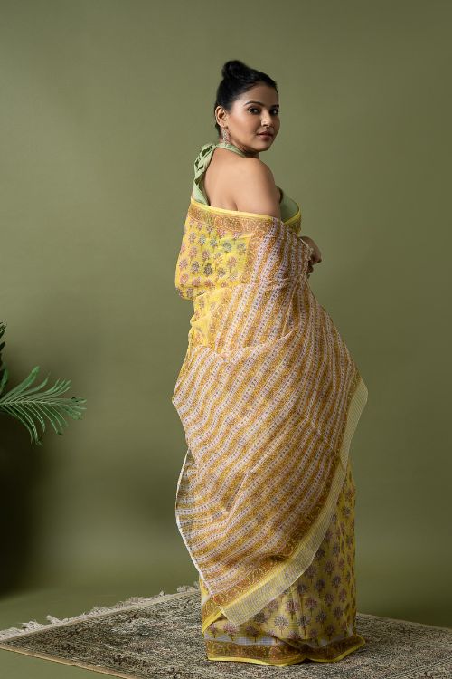 ICH Light & Breezy. Sanganeri Hand Block Printed Kota Doria - Yellow Flora