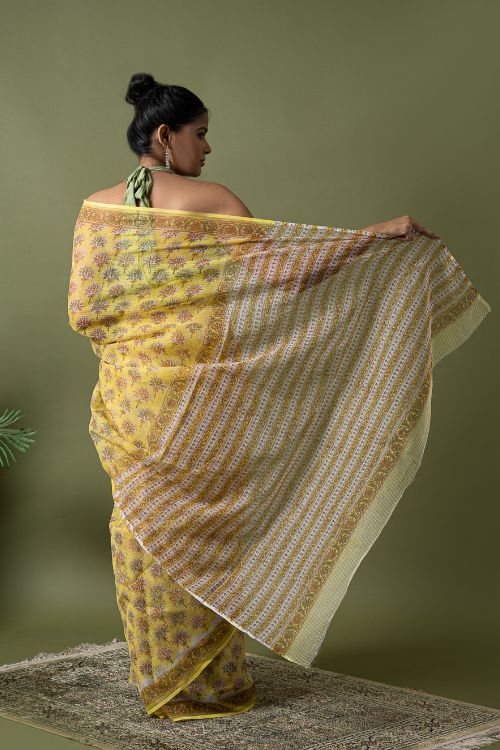 ICH Light & Breezy. Sanganeri Hand Block Printed Kota Doria - Yellow Flora