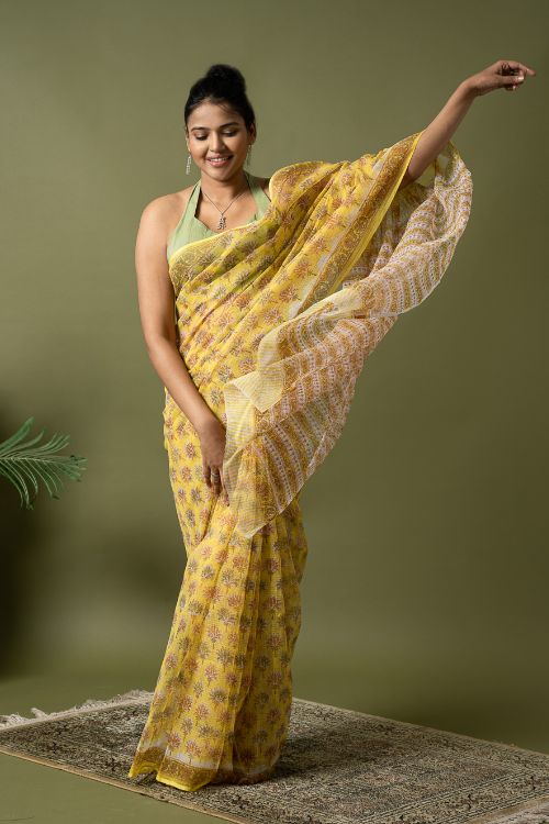 ICH Light & Breezy. Sanganeri Hand Block Printed Kota Doria - Yellow Flora
