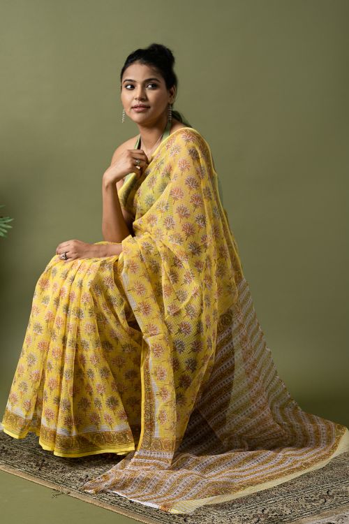 ICH Light & Breezy. Sanganeri Hand Block Printed Kota Doria - Yellow Flora