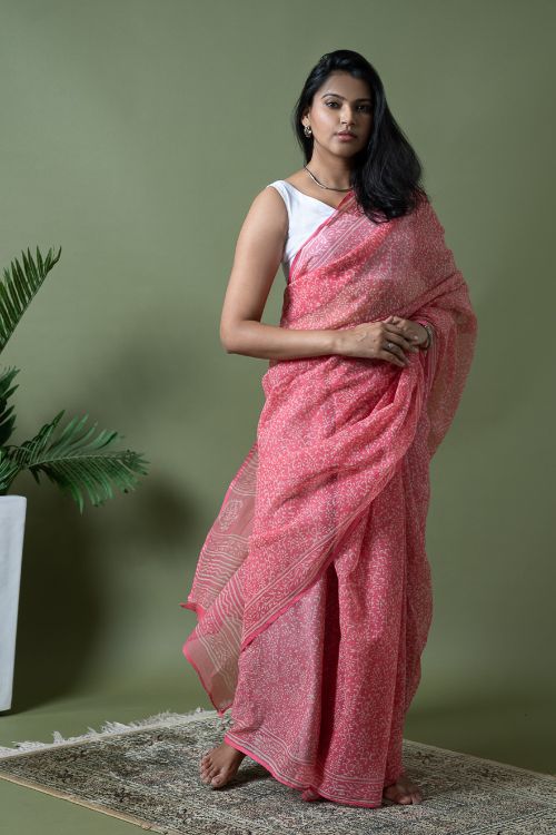 ICH Light & Breezy Dabu Hand Block Printed Kota Doria - Pink Appeal