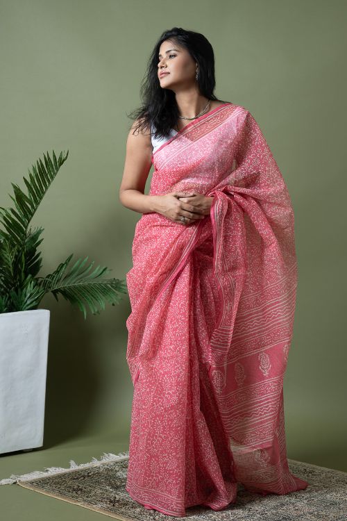 ICH Light & Breezy Dabu Hand Block Printed Kota Doria - Pink Appeal