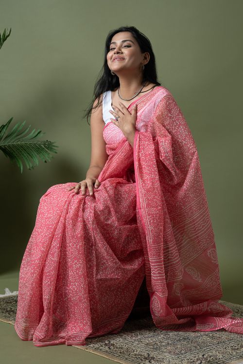 ICH Light & Breezy Dabu Hand Block Printed Kota Doria - Pink Appeal