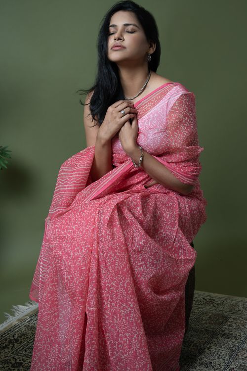 ICH Light & Breezy Dabu Hand Block Printed Kota Doria - Pink Appeal