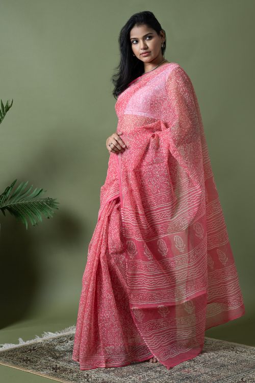 ICH Light & Breezy Dabu Hand Block Printed Kota Doria - Pink Appeal