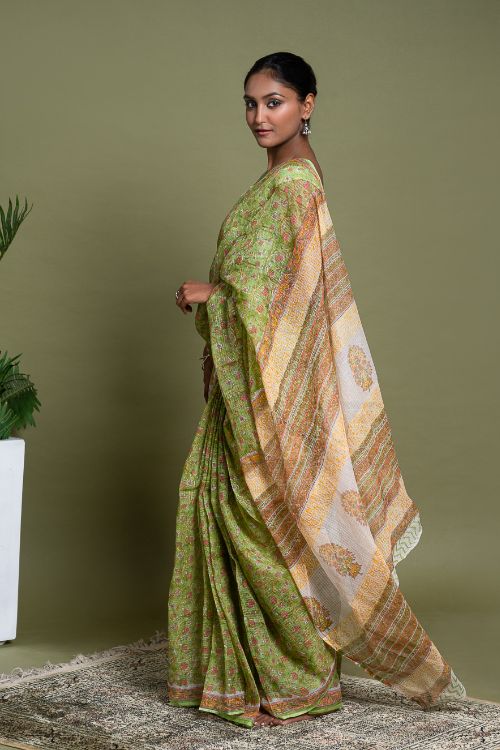 ICH Light & Breezy. Sanganeri Hand Block Printed Kota Doria - Green Flora