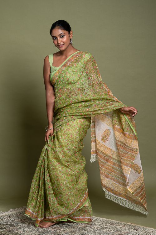 ICH Light & Breezy. Sanganeri Hand Block Printed Kota Doria - Green Flora