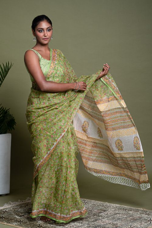 ICH Light & Breezy. Sanganeri Hand Block Printed Kota Doria - Green Flora